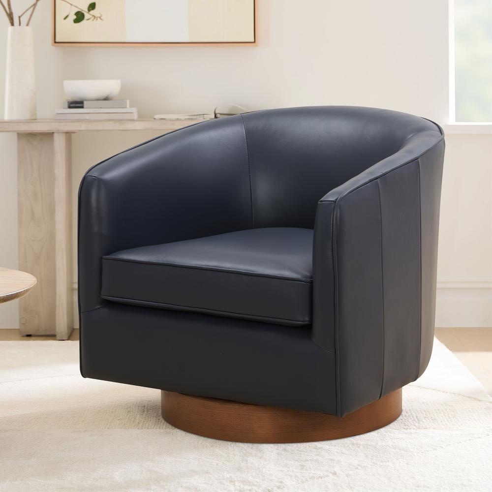 Taos Midnight Blue Top Grain Leather Wood Base Swivel Chair. Picture 1