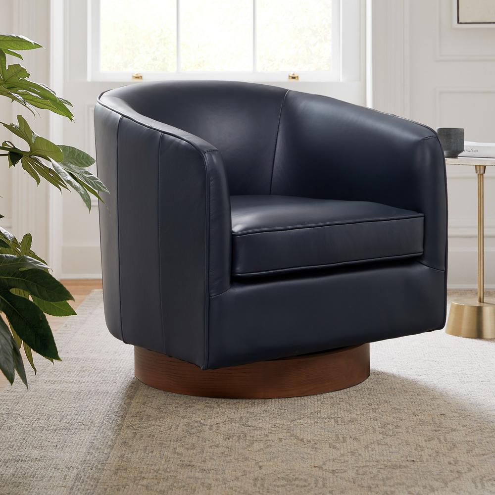 Taos Midnight Blue Top Grain Leather Wood Base Swivel Chair. Picture 8