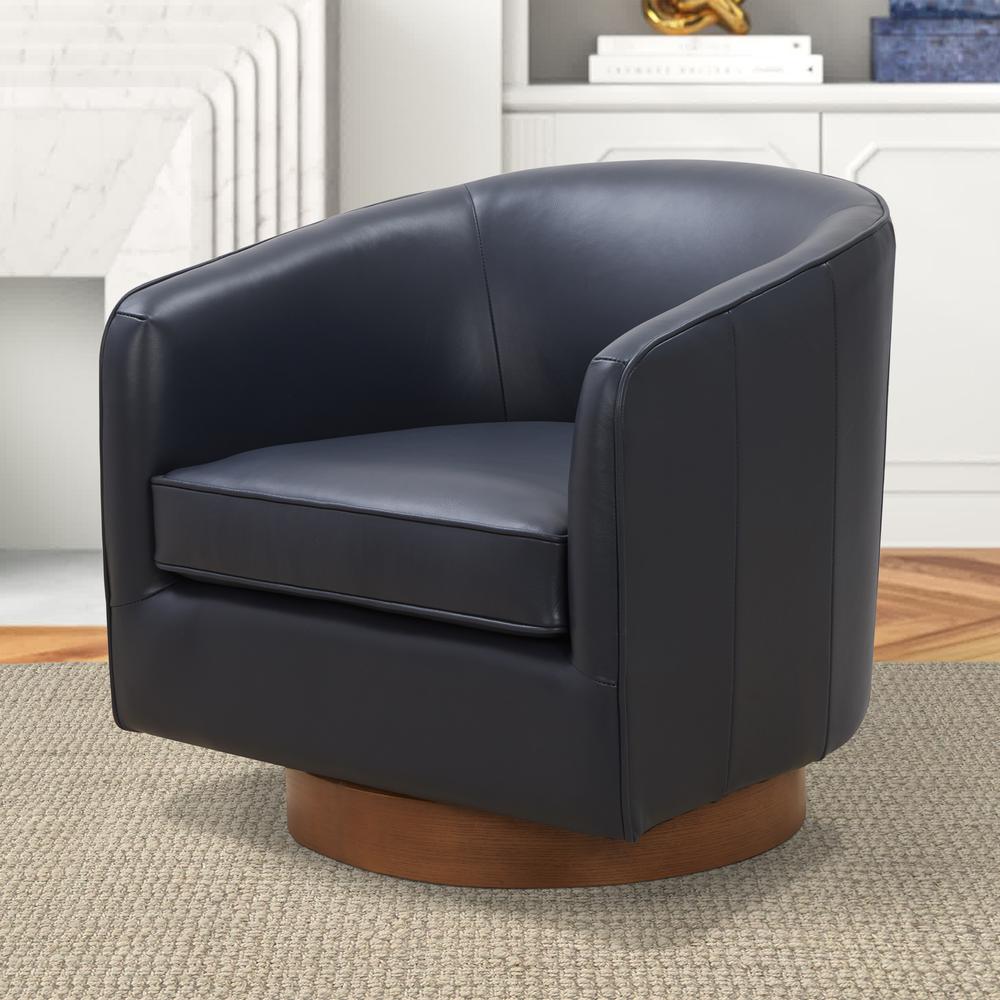 Taos Midnight Blue Top Grain Leather Wood Base Swivel Chair. Picture 10