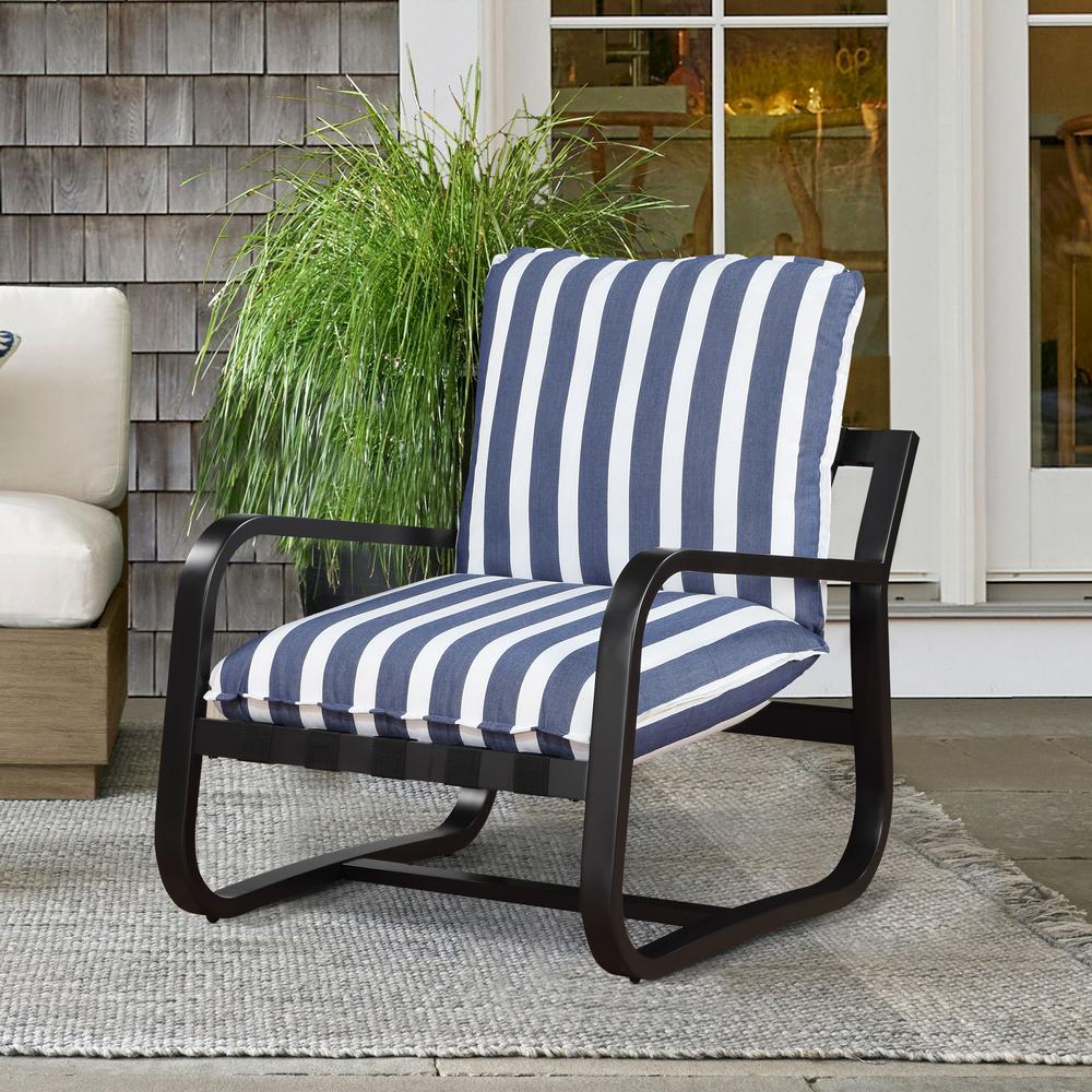 Aspen Outdoor Sling Chair Upholstered in Blue and White Stripe Fabric. Picture 10