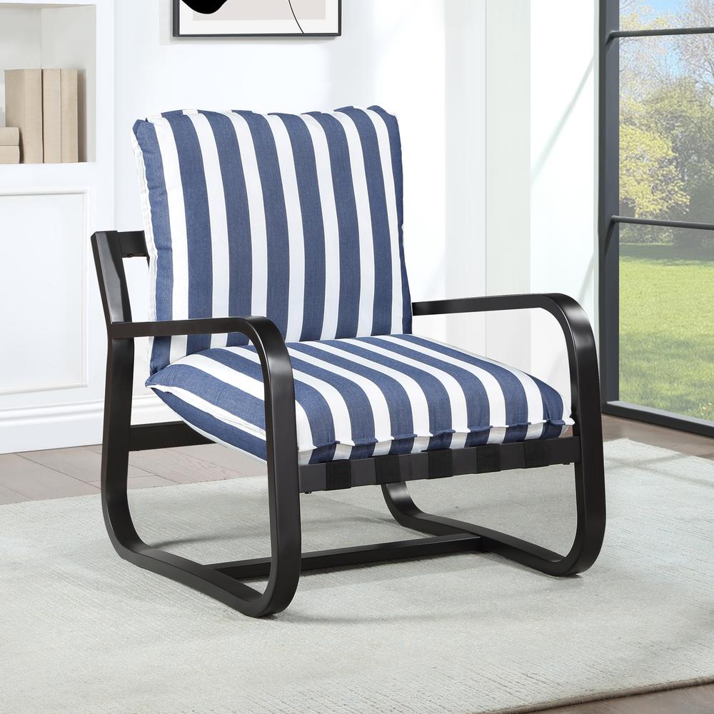 Aspen Outdoor Sling Chair Upholstered in Blue and White Stripe Fabric. Picture 9