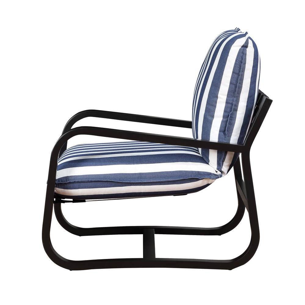 Aspen Outdoor Sling Chair Upholstered in Blue and White Stripe Fabric. Picture 3