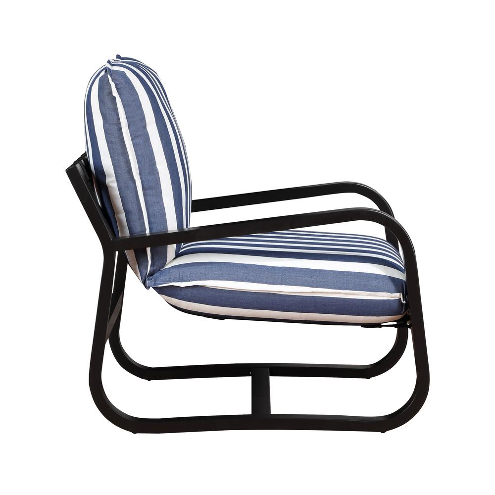 Aspen Outdoor Sling Chair Upholstered in Blue and White Stripe Fabric. Picture 4