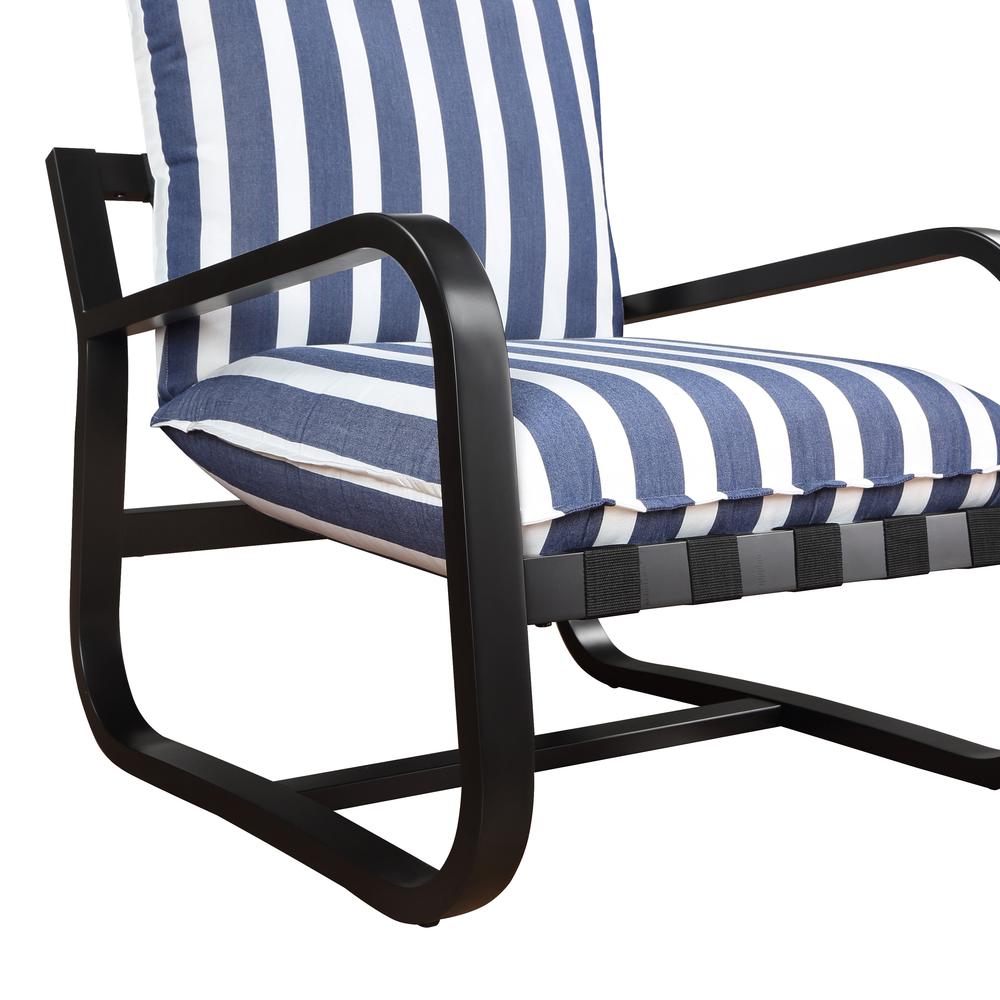 Aspen Outdoor Sling Chair Upholstered in Blue and White Stripe Fabric. Picture 7
