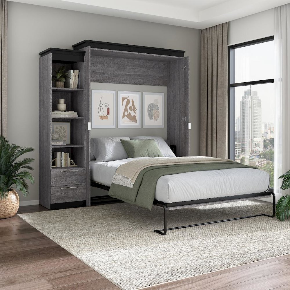 Queen Murphy Bed with Shelves and Drawers (87W) in White and Walnut Grey. Picture 15