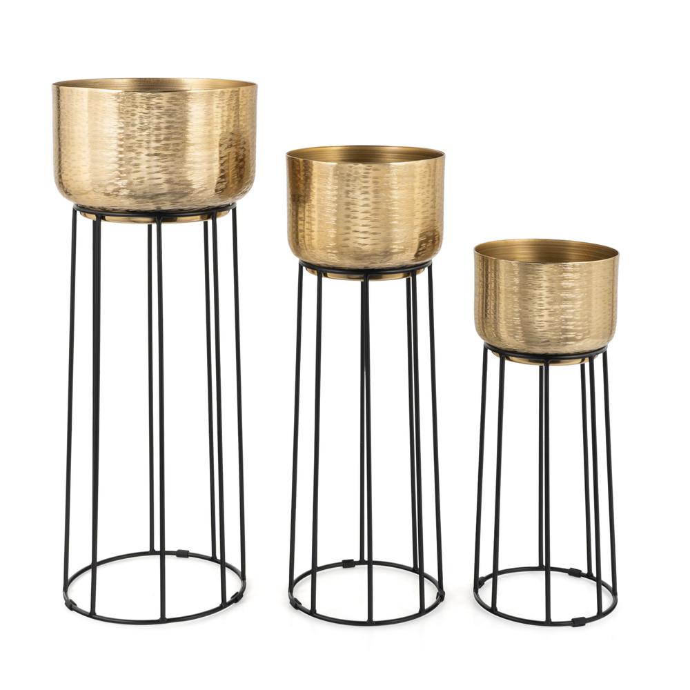 Thallo Gold Metal Floor Planters, Set of 3. Picture 1