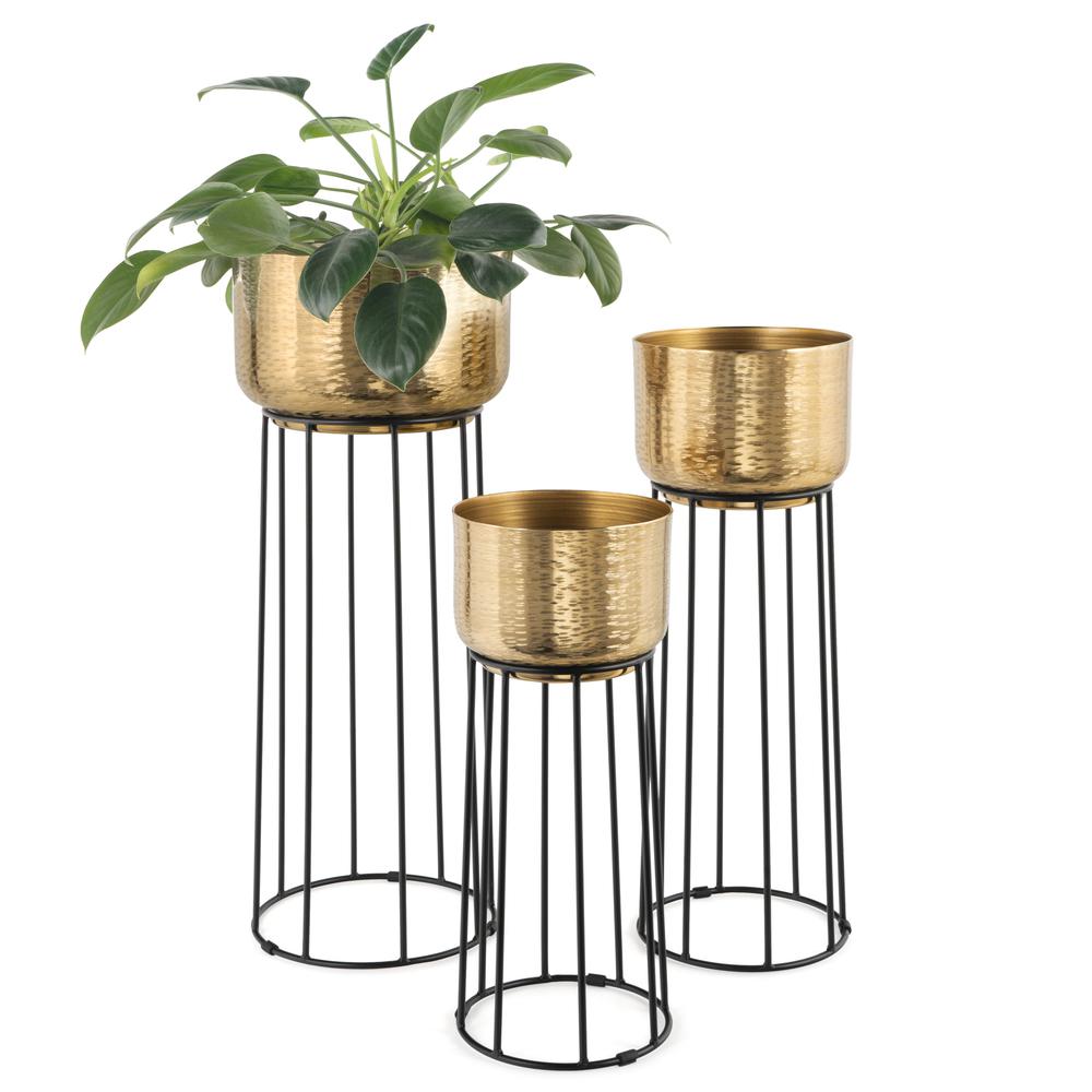 Thallo Gold Metal Floor Planters, Set of 3. Picture 2