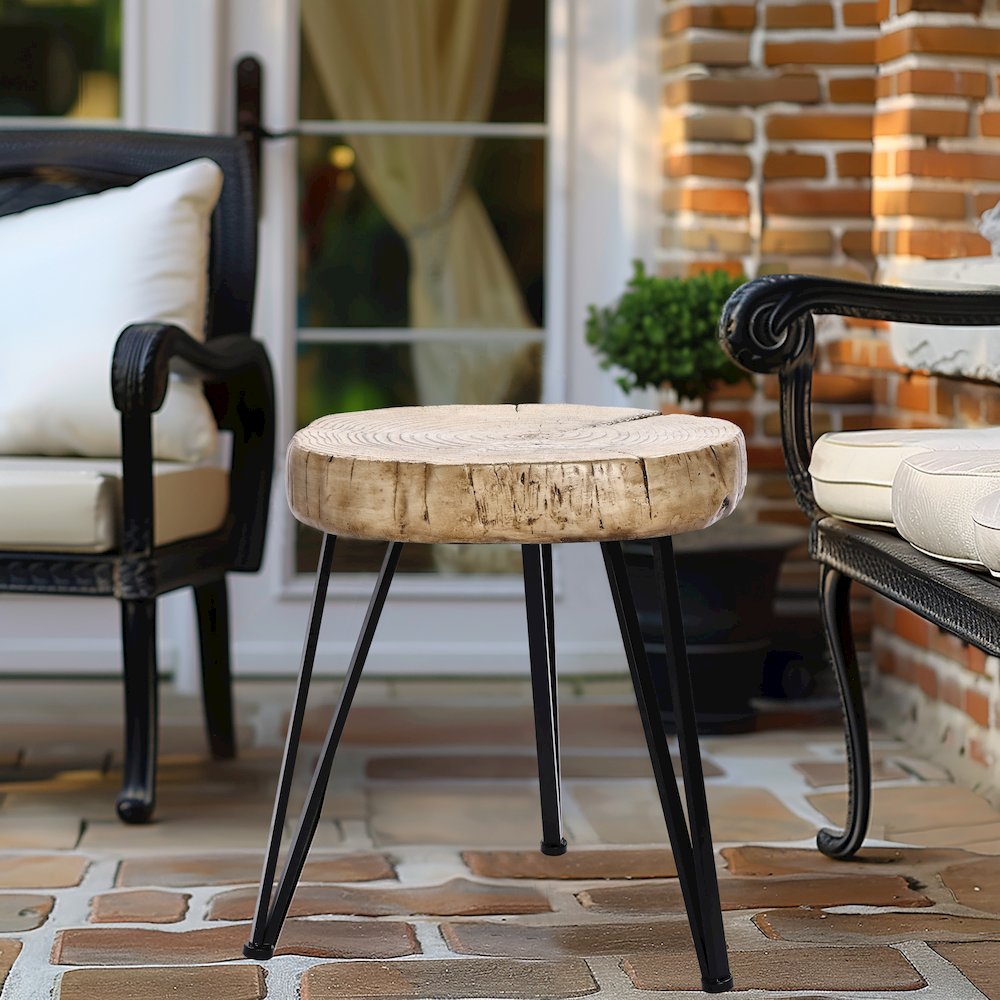 Natural Faux Wood Top with Black Metal Legs Side Table, Indoors and Outdoors. Picture 11