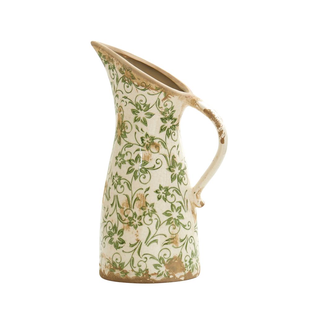 10in. Tuscan Ceramic Green Scroll Pitcher Vase. Picture 1