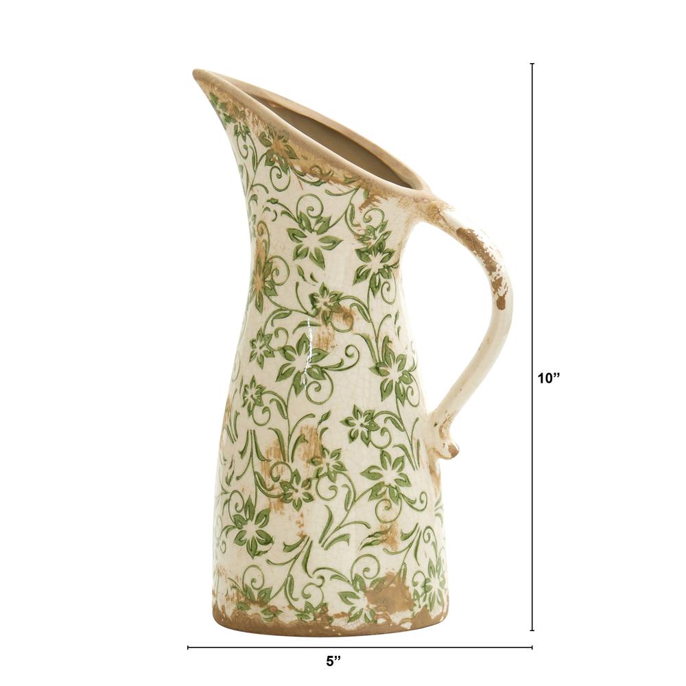10in. Tuscan Ceramic Green Scroll Pitcher Vase. Picture 2