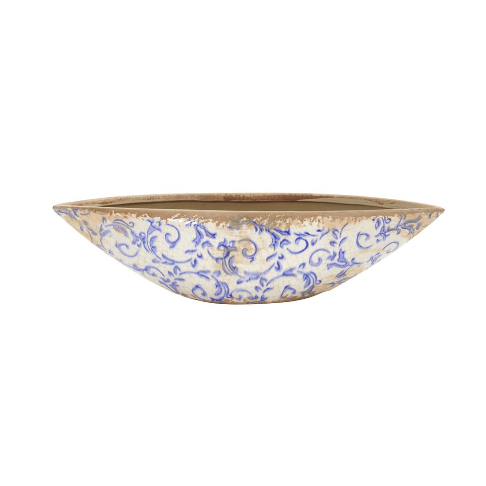 13in. Tuscan Ceramic Blue Scroll Decorative Bowl. Picture 1