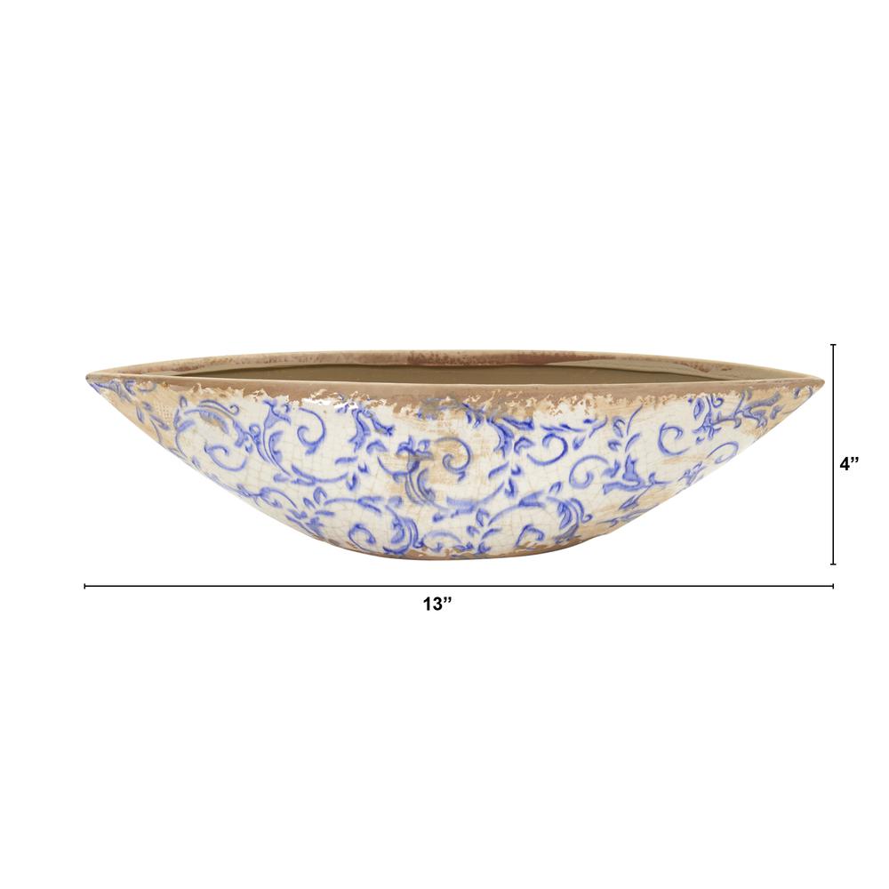 13in. Tuscan Ceramic Blue Scroll Decorative Bowl. Picture 2