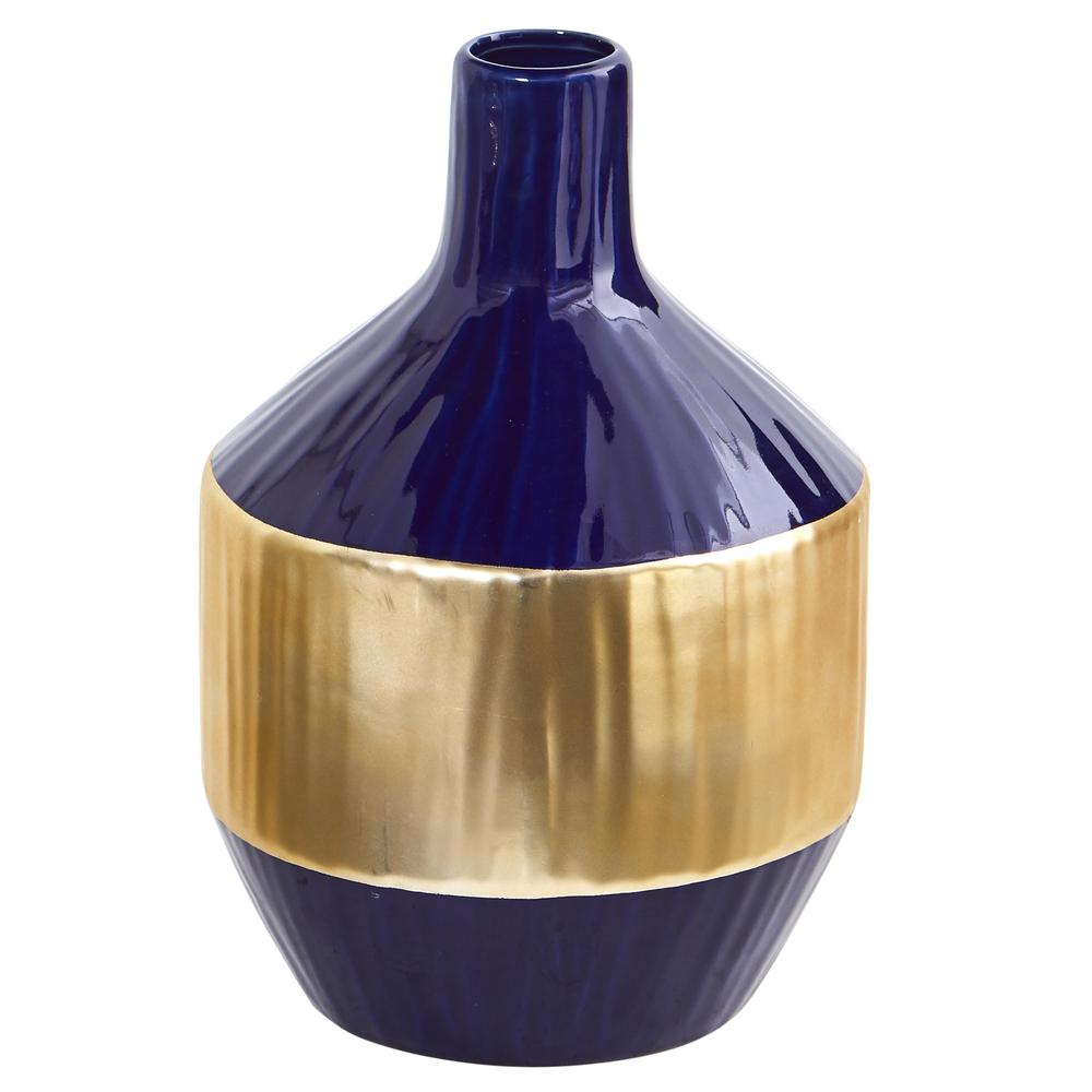 9in. Lux Blue Ceramic Vase with Gold Band. Picture 1