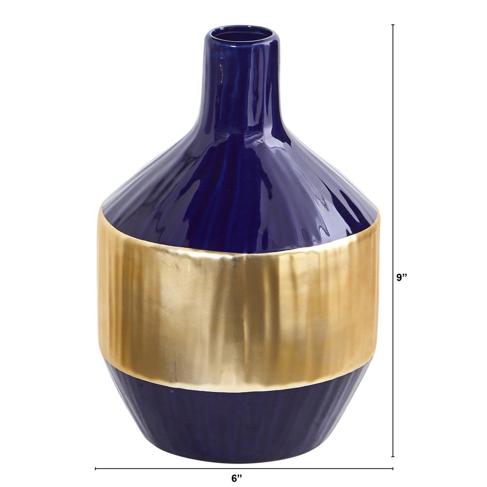 9in. Lux Blue Ceramic Vase with Gold Band. Picture 2