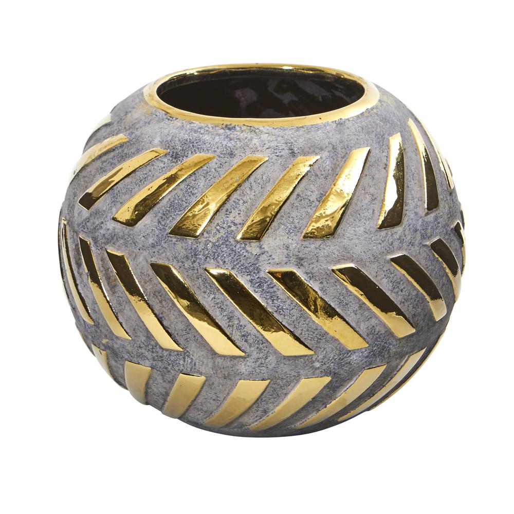 8in. Regal Round Stone Vase with Gold Accents. Picture 1