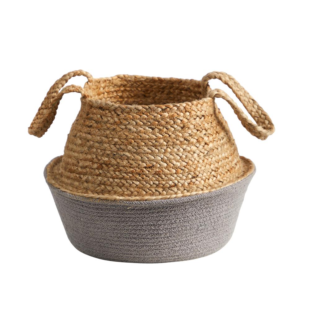 14in. Boho Chic Handmade Cotton & Jute Gray Woven Basket Planter. Picture 1
