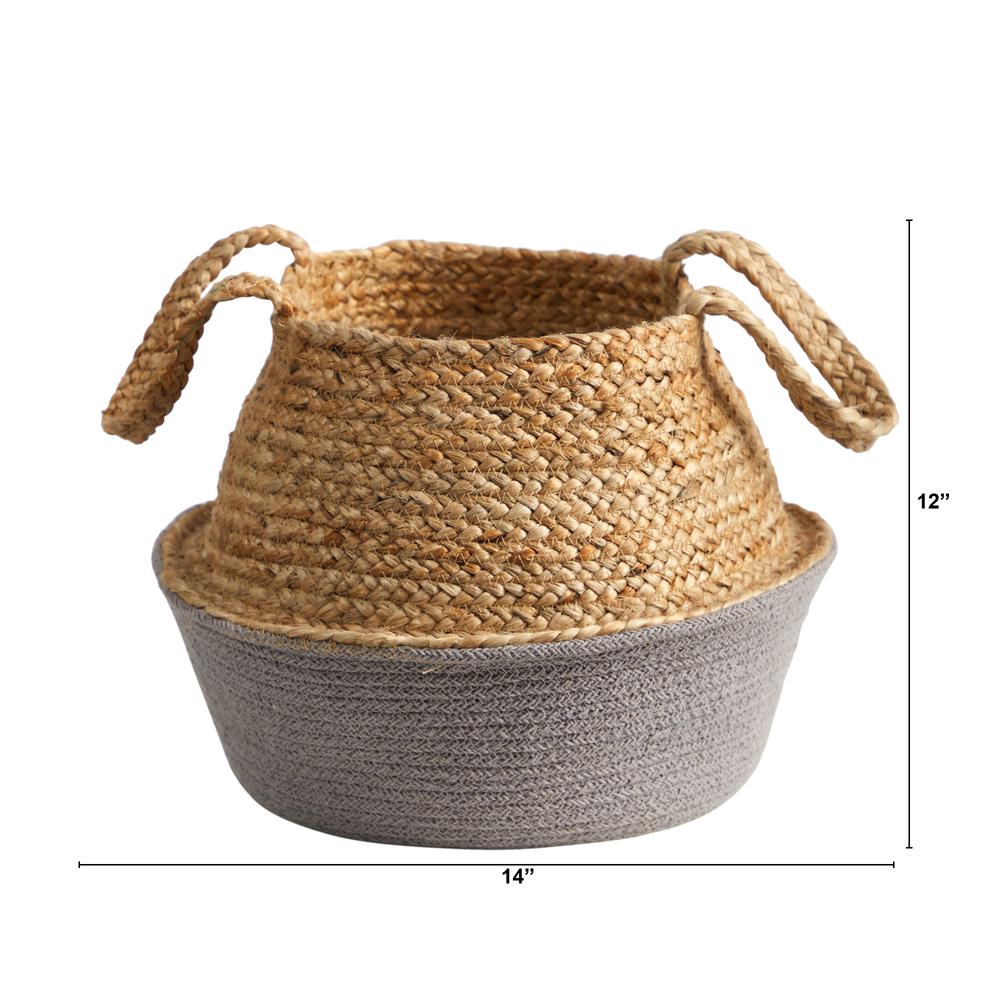 14in. Boho Chic Handmade Cotton & Jute Gray Woven Basket Planter. Picture 2