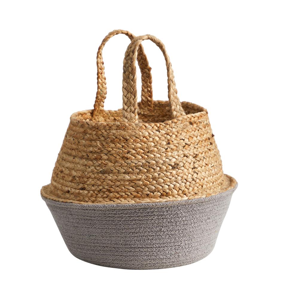 14in. Boho Chic Handmade Cotton & Jute Gray Woven Basket Planter. Picture 3
