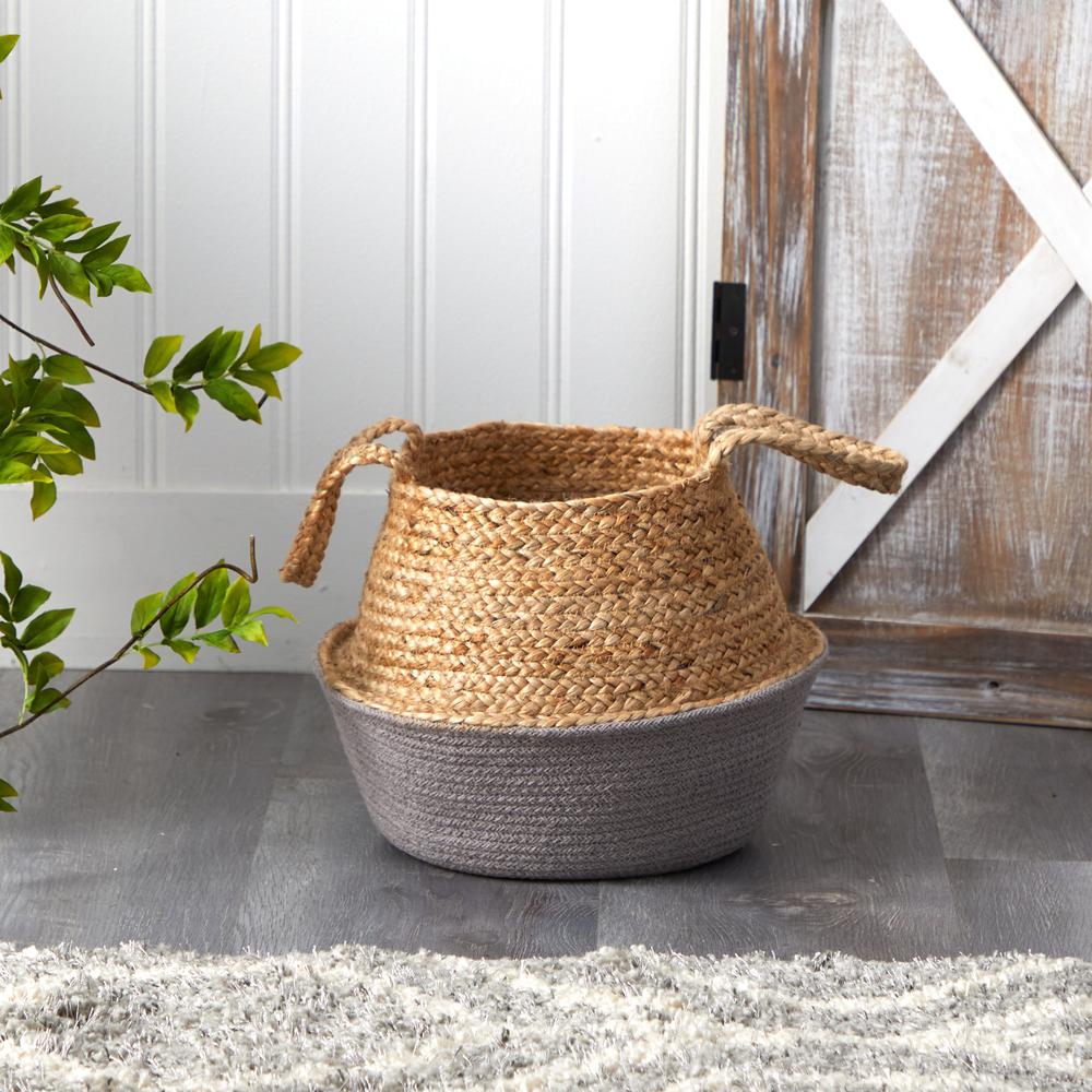 14in. Boho Chic Handmade Cotton & Jute Gray Woven Basket Planter. Picture 4