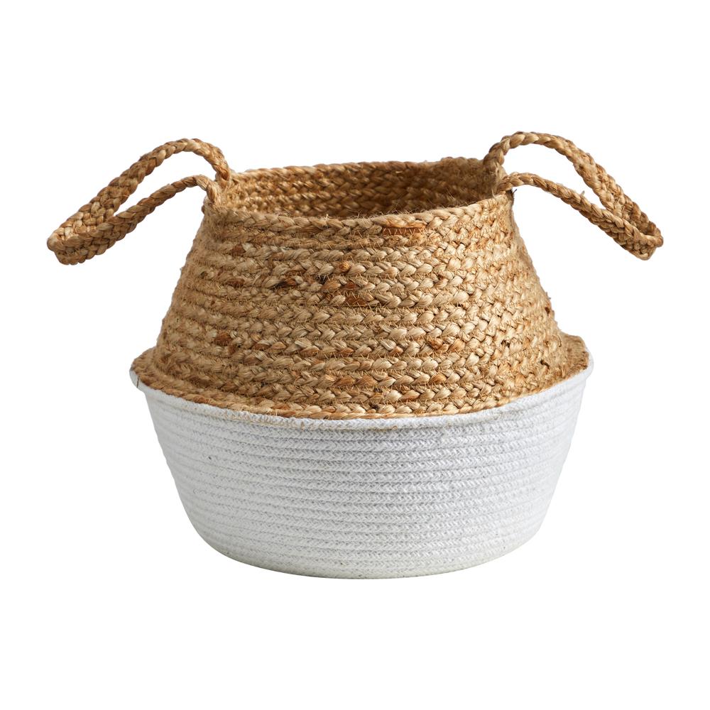 14in. Boho Chic Handmade Cotton & Jute White Woven Basket Planter. Picture 1