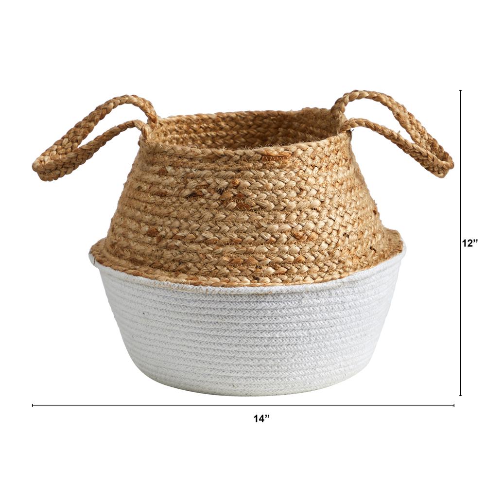 14in. Boho Chic Handmade Cotton & Jute White Woven Basket Planter. Picture 3