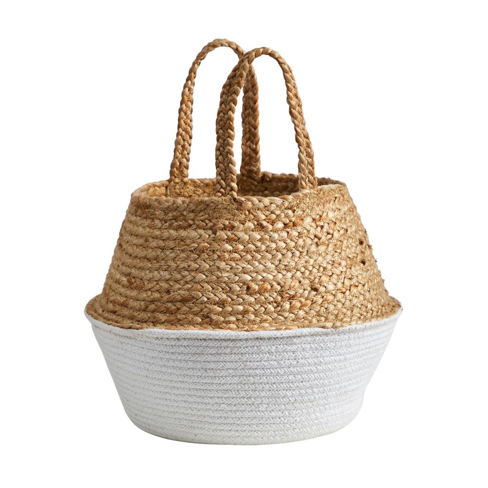 14in. Boho Chic Handmade Cotton & Jute White Woven Basket Planter. Picture 4