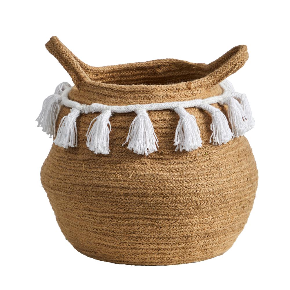 11in. Boho Chic Handmade Natural Cotton Woven Basket Planter with Tassels. Picture 1