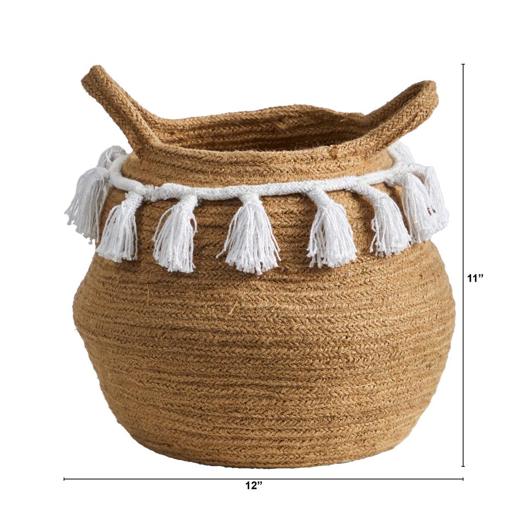 11in. Boho Chic Handmade Natural Cotton Woven Basket Planter with Tassels. Picture 4