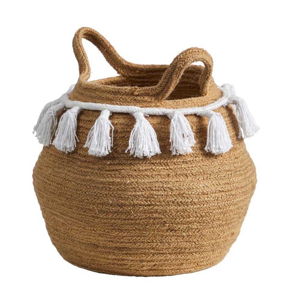 11in. Boho Chic Handmade Natural Cotton Woven Basket Planter with Tassels. Picture 3