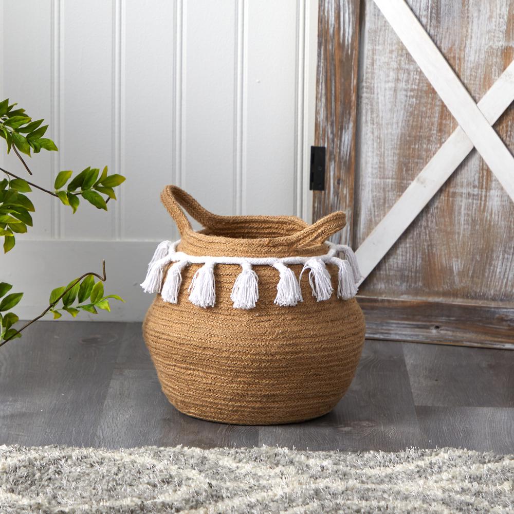 11in. Boho Chic Handmade Natural Cotton Woven Basket Planter with Tassels. Picture 2