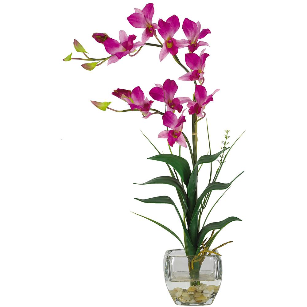 Dendrobium with Glass Vase Silk Flower Arrangement. Picture 1