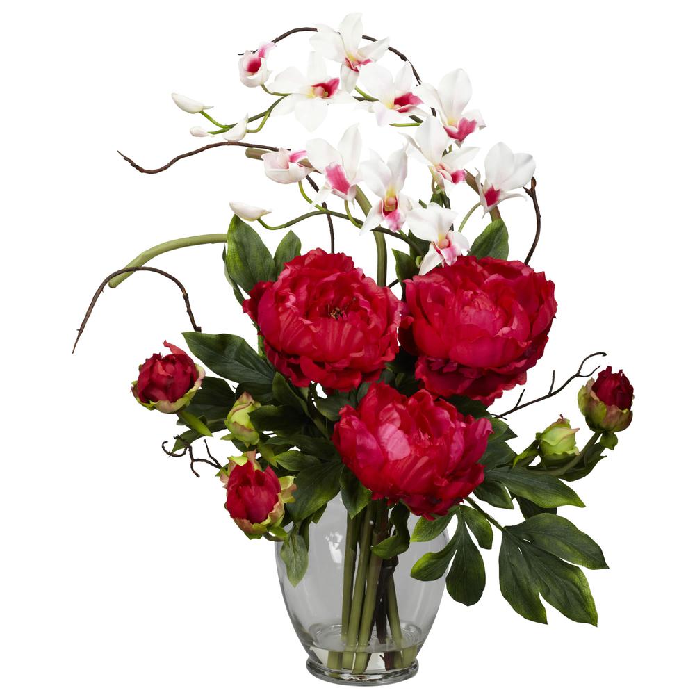 Peony & Orchid Silk Flower Arrangement, Red. Picture 1