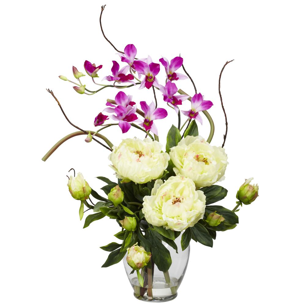 Peony & Orchid Silk Flower Arrangement, White. Picture 1
