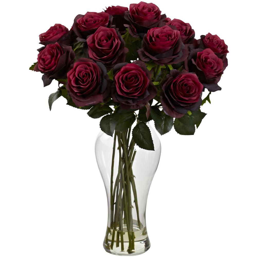 Blooming Roses with Vase, Burgundy. Picture 1