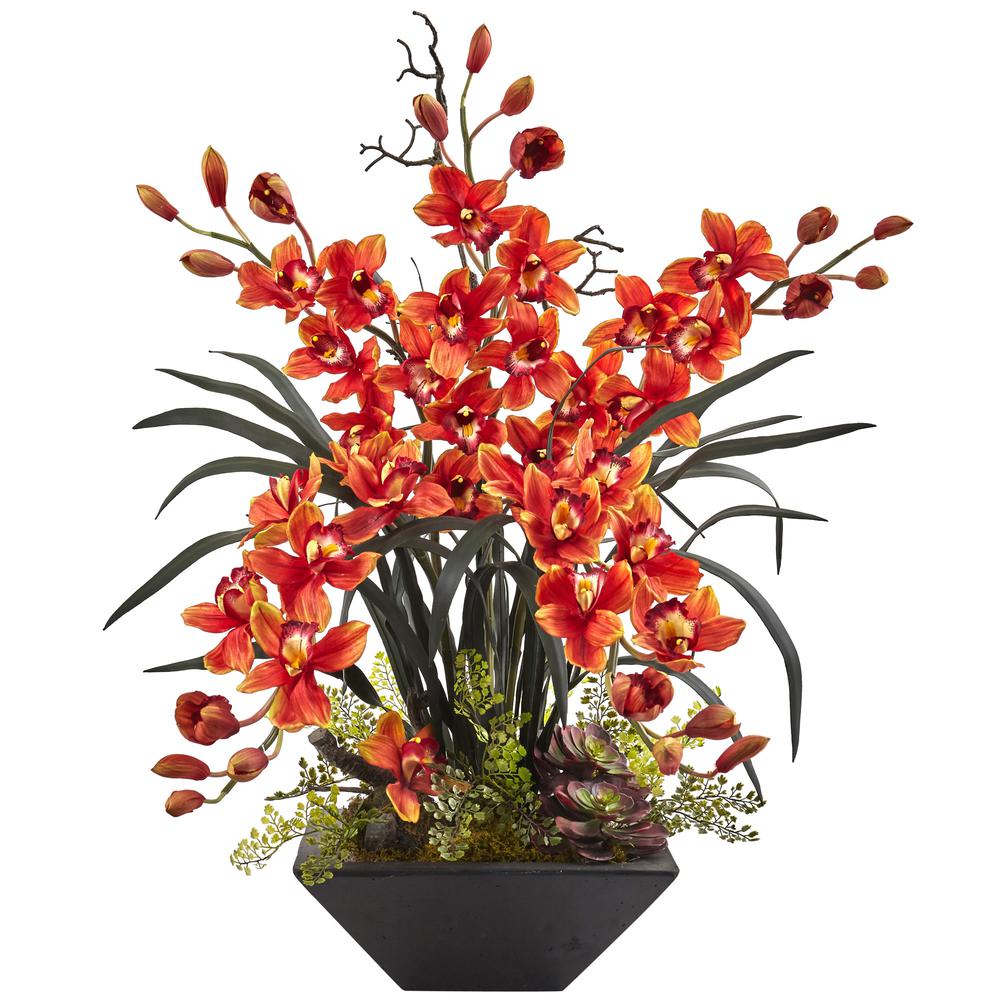 Cymbidium Orchid Silk Arrangement with Black Vase, Burgundy. Picture 1