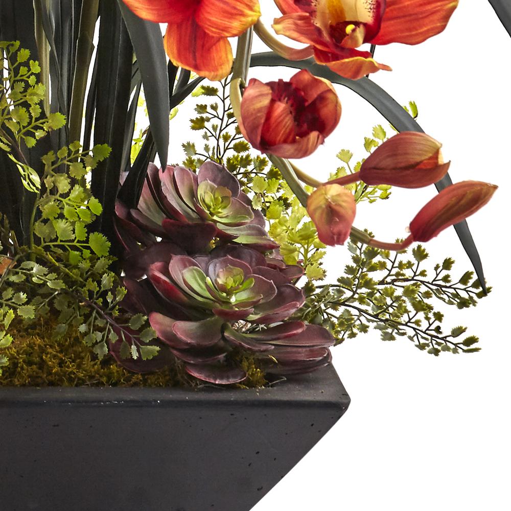 Cymbidium Orchid Silk Arrangement with Black Vase, Burgundy. Picture 2