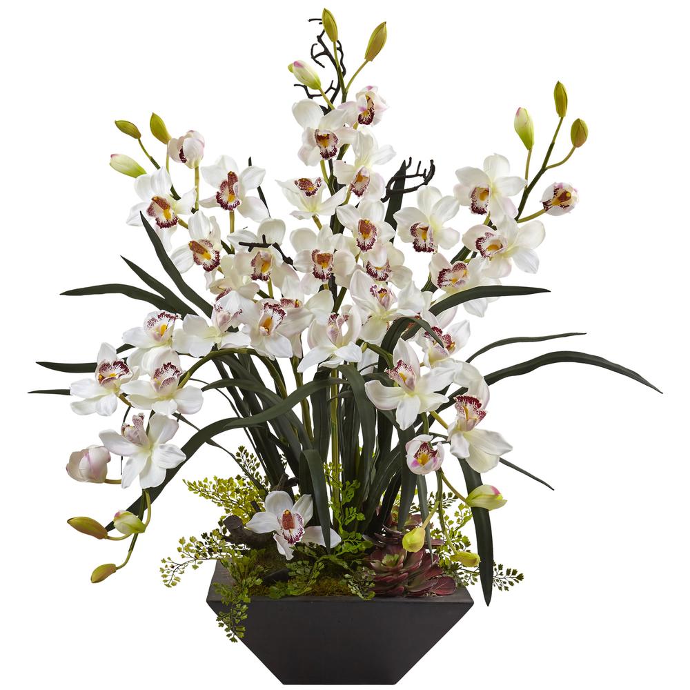 Cymbidium Orchid Silk Arrangement with Black Vase, White. Picture 1