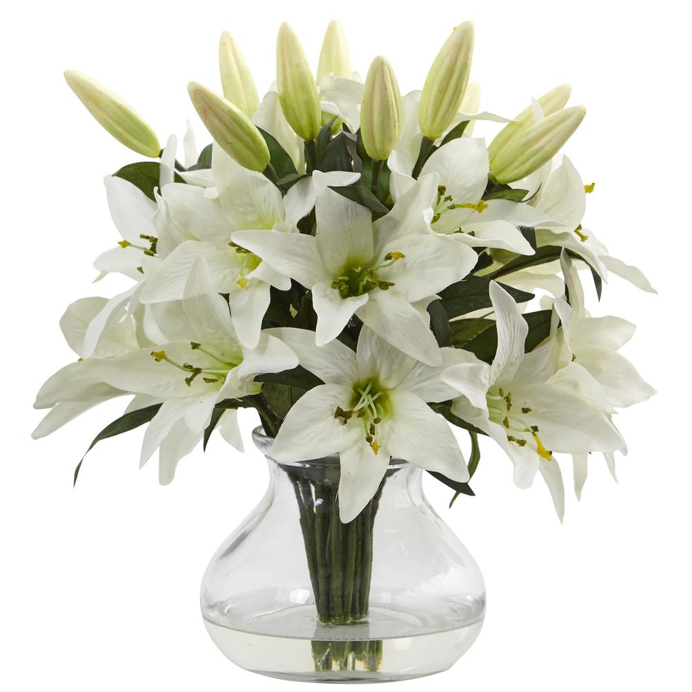Lily Silk Arrangement with Glass Vase. Picture 1