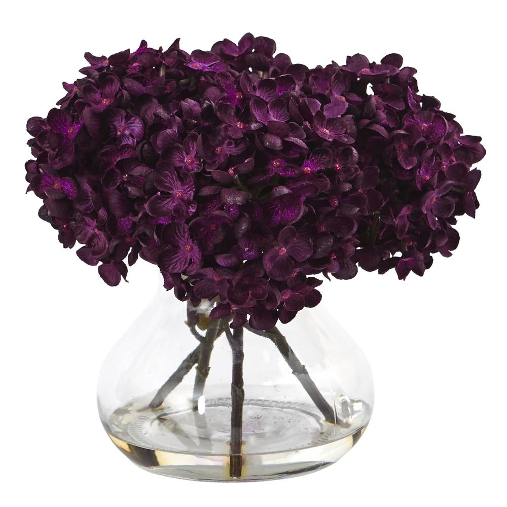 8.5in. H Hydrangea Silk Flower Arrangement with Glass Vase, Purple. Picture 1