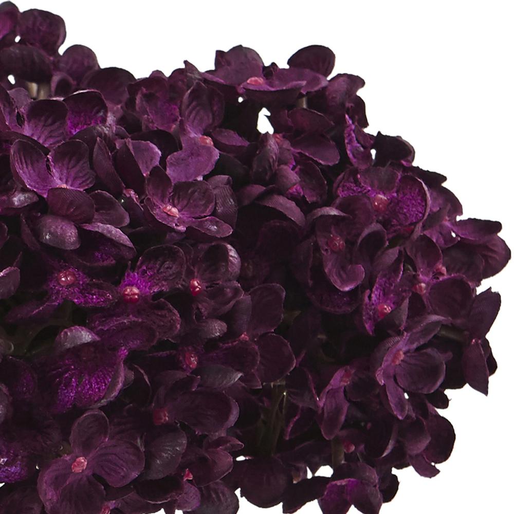 8.5in. H Hydrangea Silk Flower Arrangement with Glass Vase, Purple. Picture 5