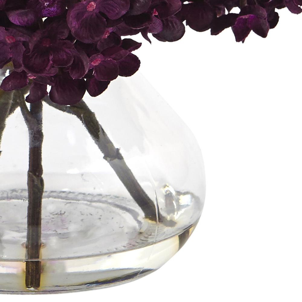 8.5in. H Hydrangea Silk Flower Arrangement with Glass Vase, Purple. Picture 3
