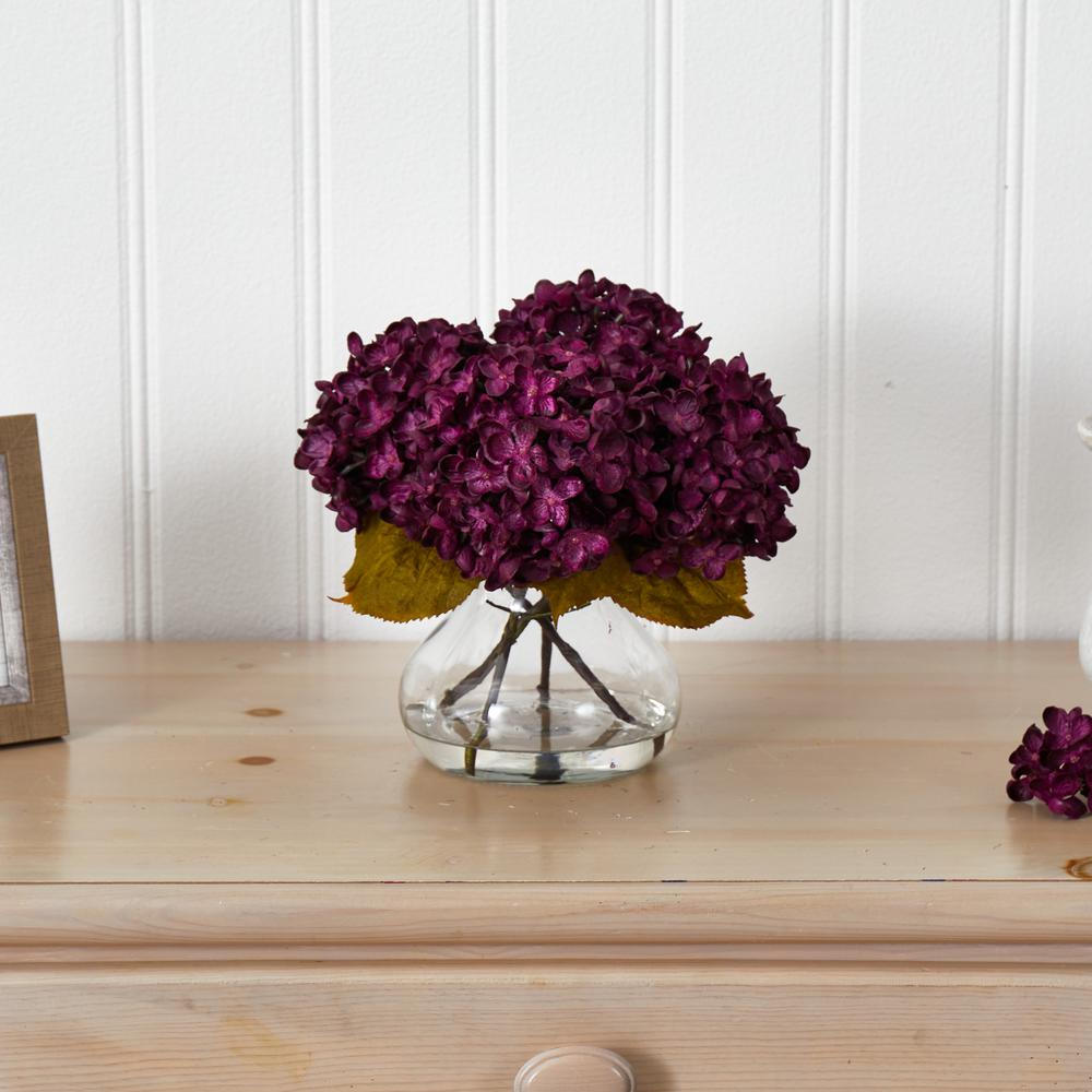 8.5in. H Hydrangea Silk Flower Arrangement with Glass Vase, Purple. Picture 2