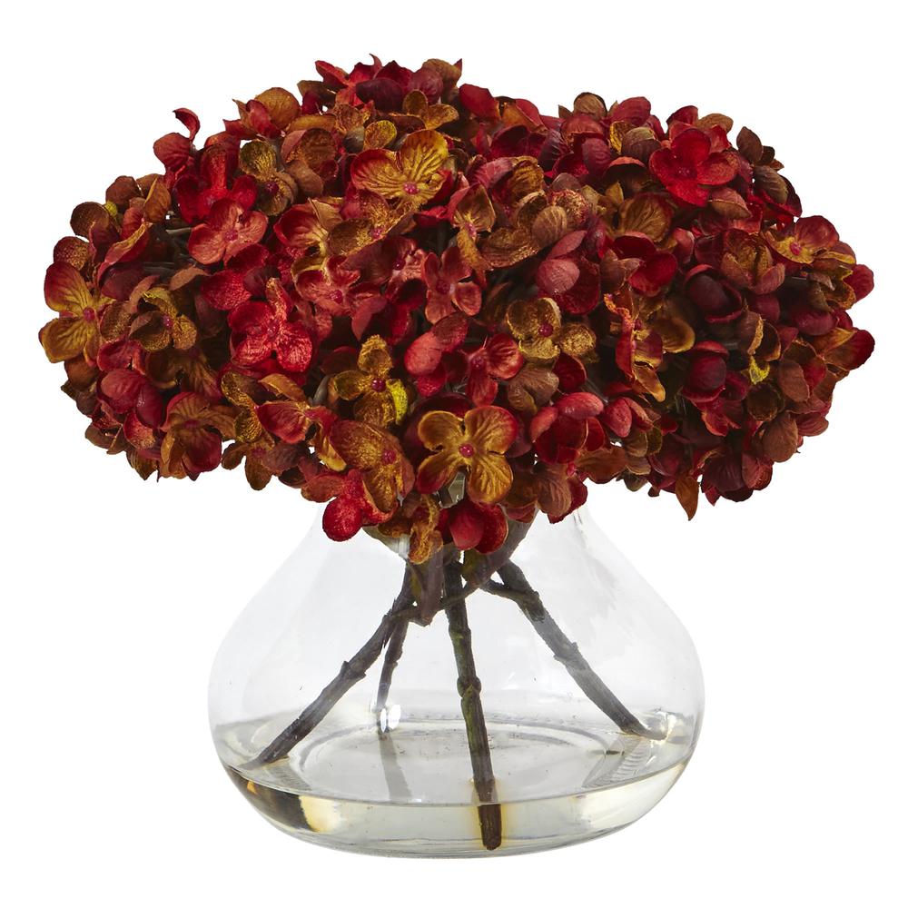 8.5in. H Hydrangea Silk Flower Arrangement with Glass Vase, Rust. Picture 1