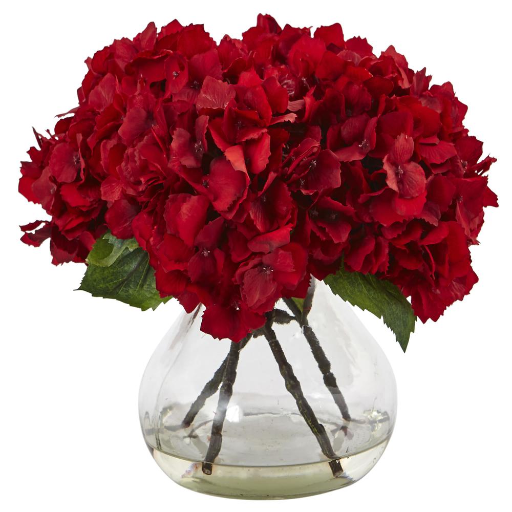 8.5in. Red Hydrangea Silk Flower Arrangement with Glass Vase. Picture 1