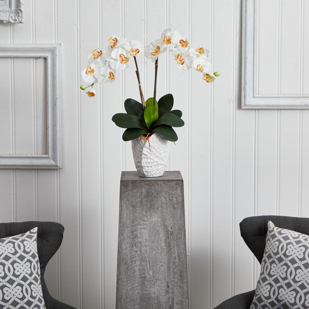 Double Phalaenopsis Orchid Silk Arrangement in White Vase. Picture 3