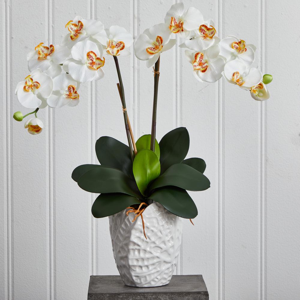 Double Phalaenopsis Orchid Silk Arrangement in White Vase. Picture 2