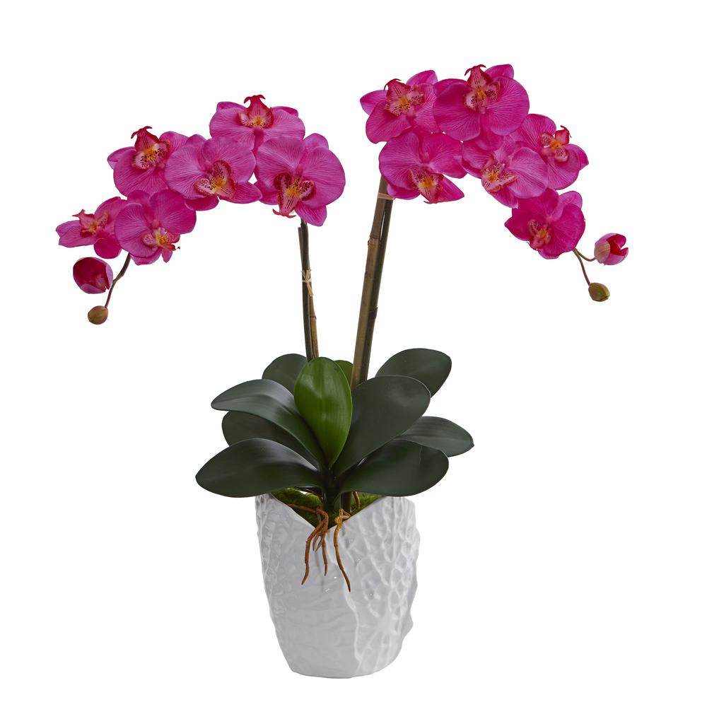 Double Phalaenopsis Orchid Artificial Arrangement in White Ceramic Vase. Picture 1