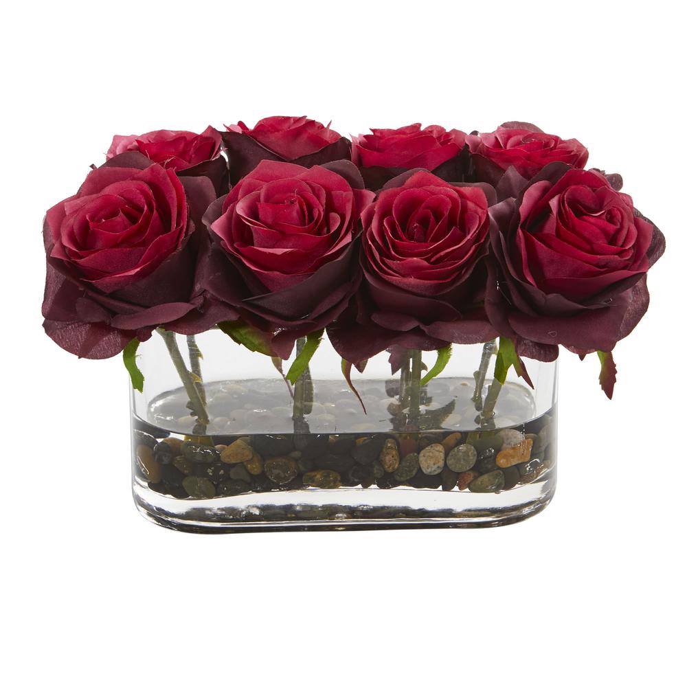 5.5in. Blooming Roses in Glass Vase Artificial Arrangement, Burgundy. Picture 1