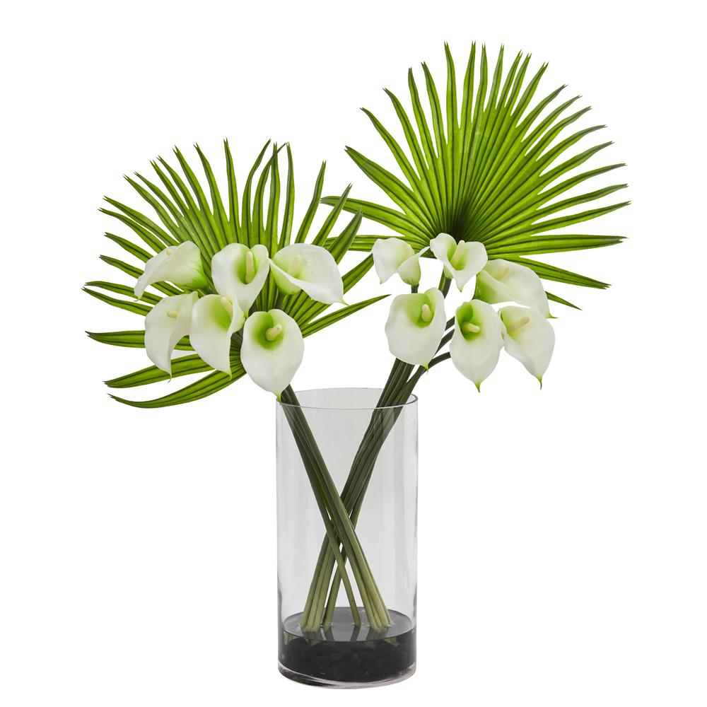 Calla Lily and Fan Palm Artificial Arrangement in Cylinder Glass Vase. Picture 1
