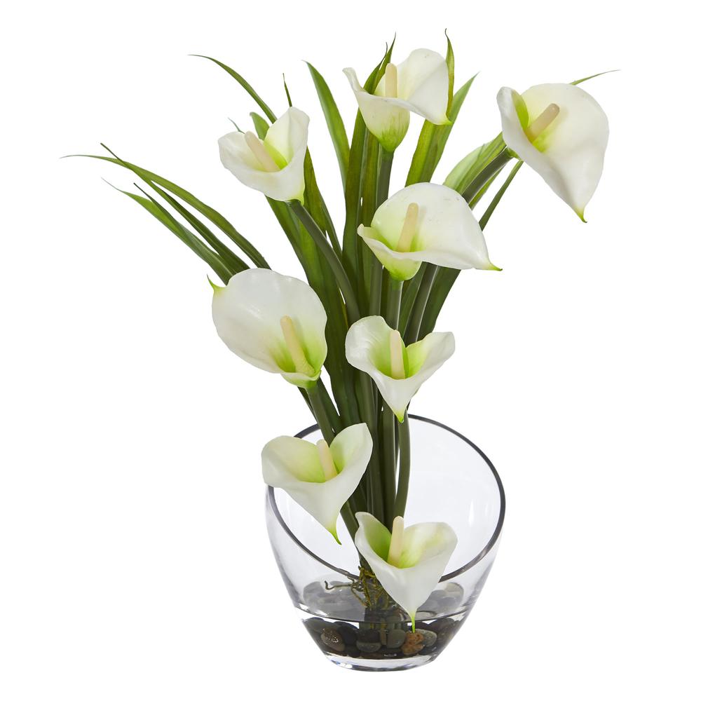 15.5in. Calla Lily and Grass Artificial Arrangement in Vase, Cream. Picture 1